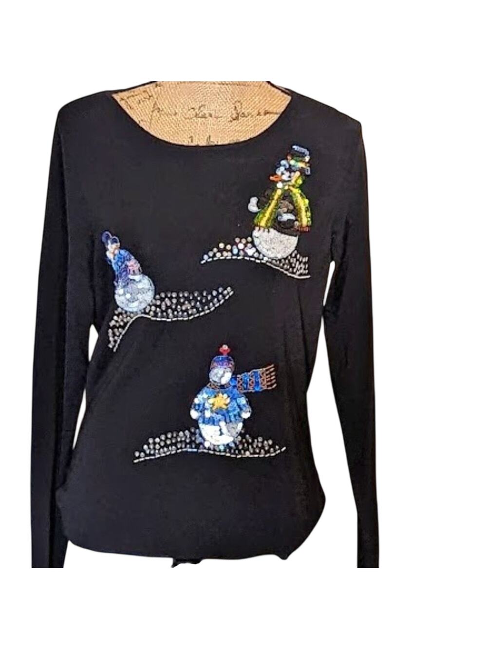 Tribeca Embellished Snowman Scoop Neck Long Sleeve Black Sweater Women's Size L